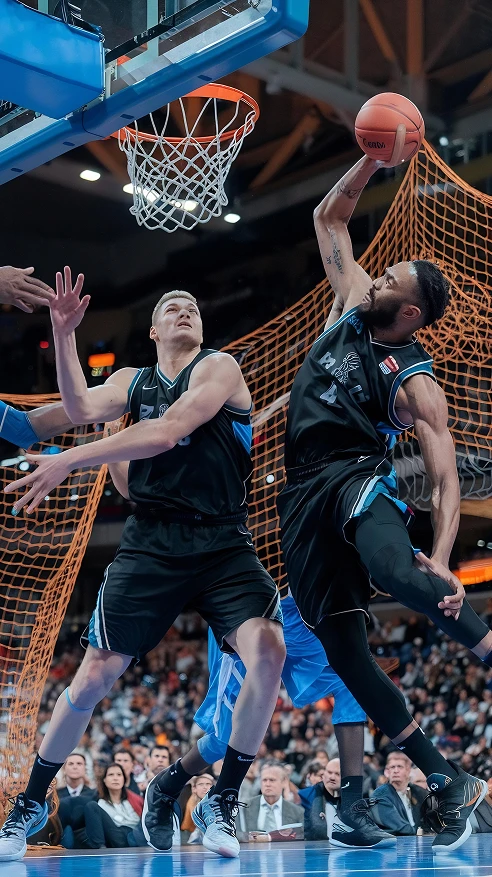 Un joueur de basket-ball en uniforme noir tente un dunk spectaculaire, sautant haut vers le panier. Ses coéquipiers et ses adversaires le regardent avec une intense concentration.